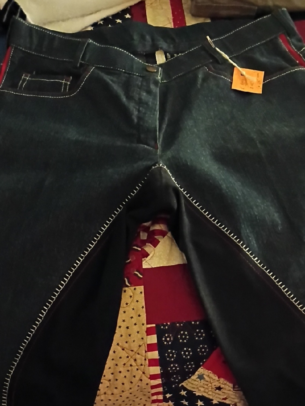 Dark Blue Stitch-Trim Riding Jeans